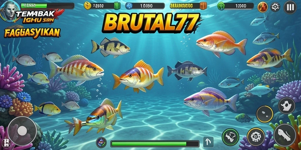 Screenshot gameplay BRUTAL77 menampilkan aksi menembak ikan yang seru.