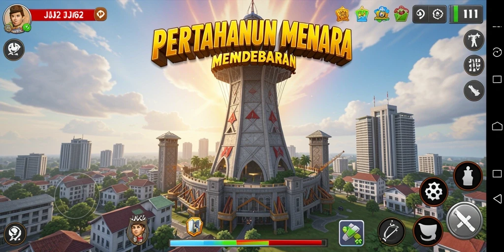 Tangkapan layar gameplay JJ62 menampilkan aksi pertahanan menara yang mendebarkan.