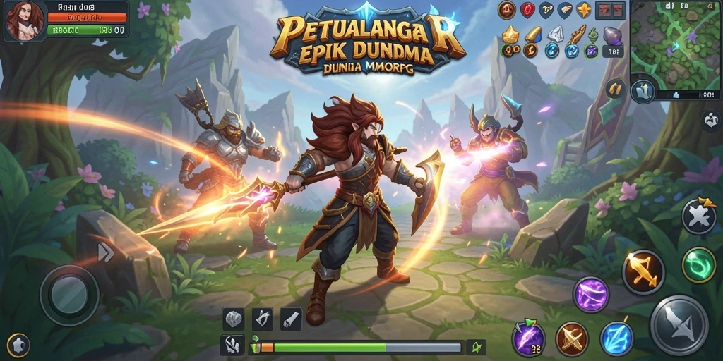 Tampilkan gameplay V07 dengan karakter menjelajahi dunia fantasi.