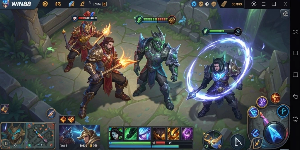 Screenshot gameplay <strong>WIN88</strong> menampilkan pertarungan tim yang intens.